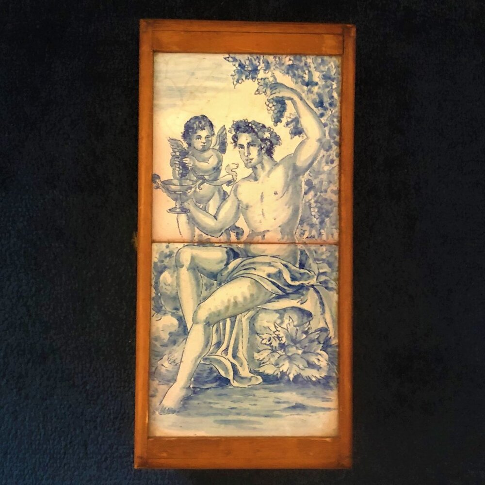 DELFT WINE BOX 2-Tile Tableau Presentation Case Wine God Dionysus Bacchus Cherub
